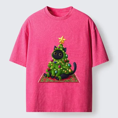 Tokyo-Tiger Cute Christmas Tree Cat Washed T-Shirt