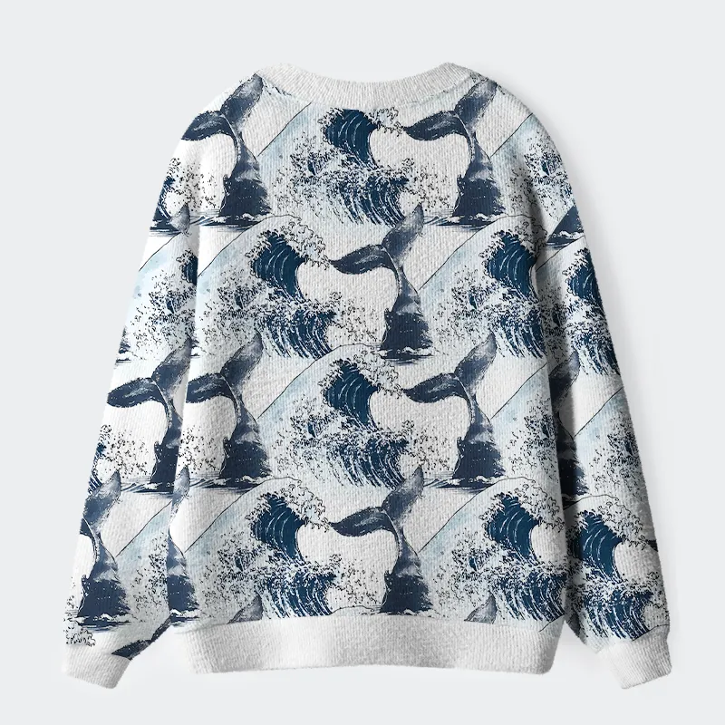 Tokyo-Tiger Whale Tail Wave Art Ugly Cardigan Sweater