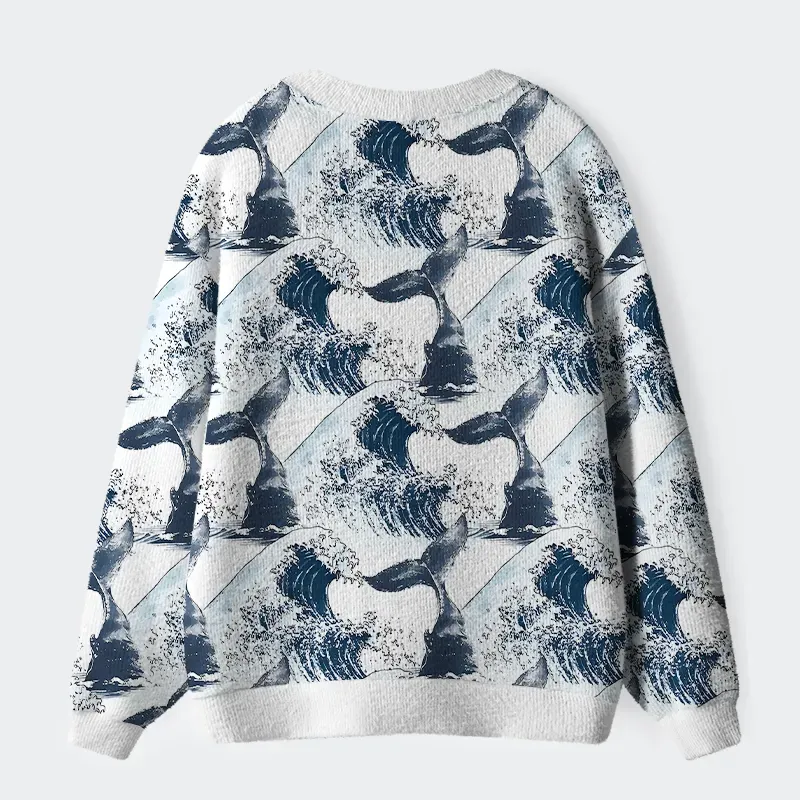 Tokyo-Tiger Whale Tail Wave Art Ugly Cardigan Sweater