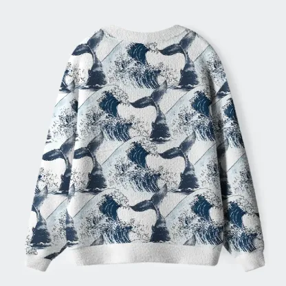 Tokyo-Tiger Whale Tail Wave Art Ugly Cardigan Sweater