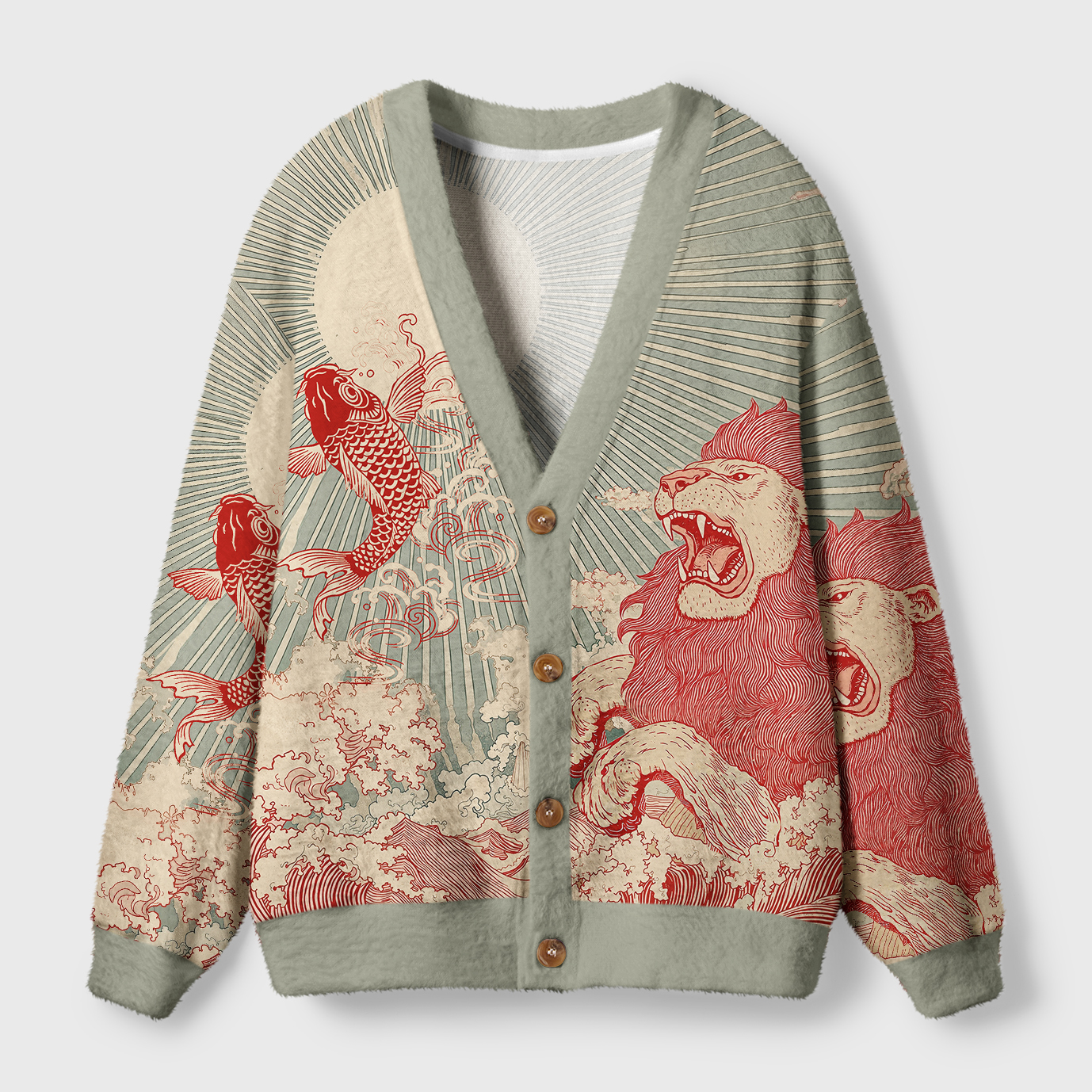 Tokyo-Tiger Waves Of Lion And Koi Ugly Cardigan Sweater