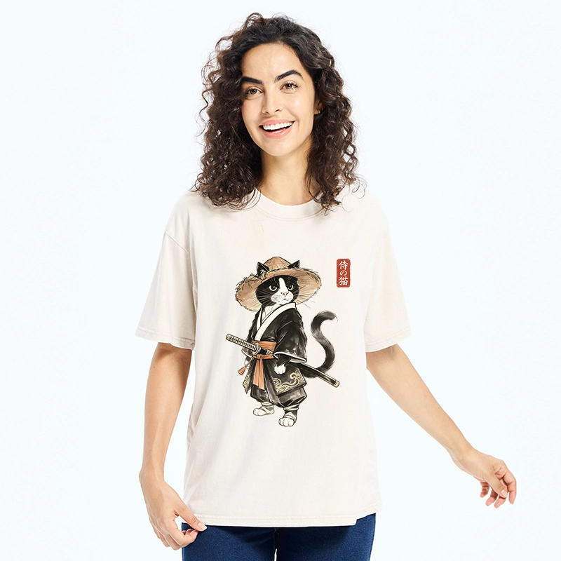 Tokyo‑Tiger Funny Samurai Cute Cat Washed T‑Shirt