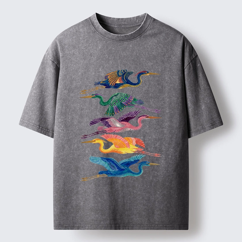 Tokyo‑Tiger Colorful Flying Cranes Washed T‑Shirt