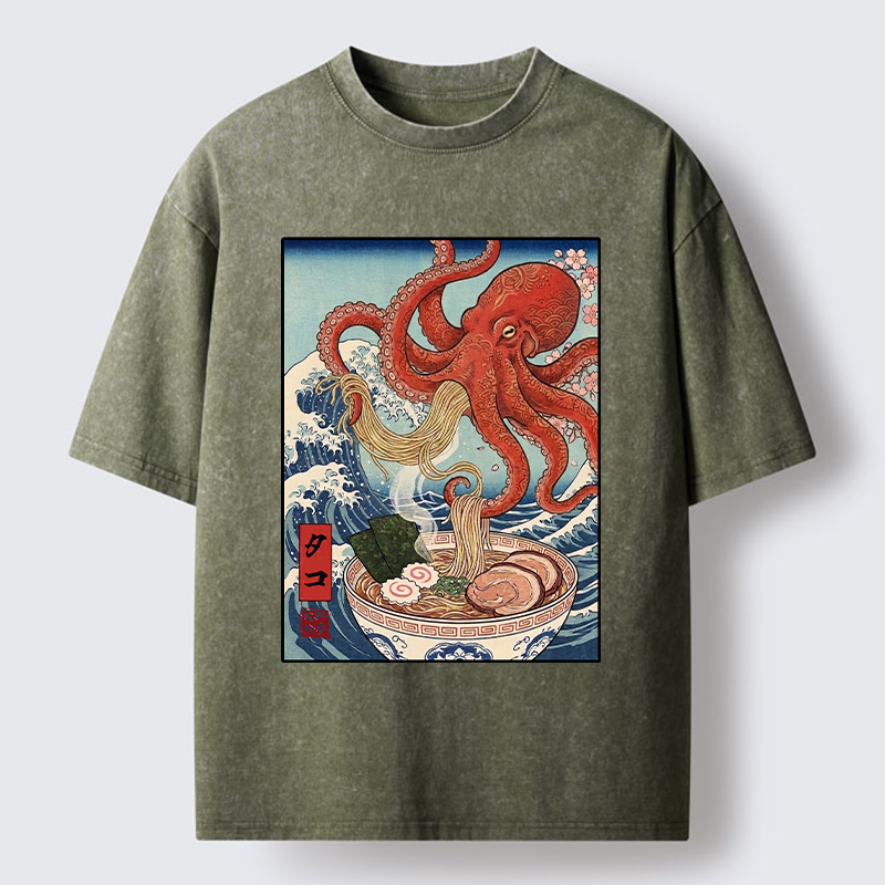 Tokyo-Tiger Octopus Eating Ramen Ukiyo Art Washed T-Shirt