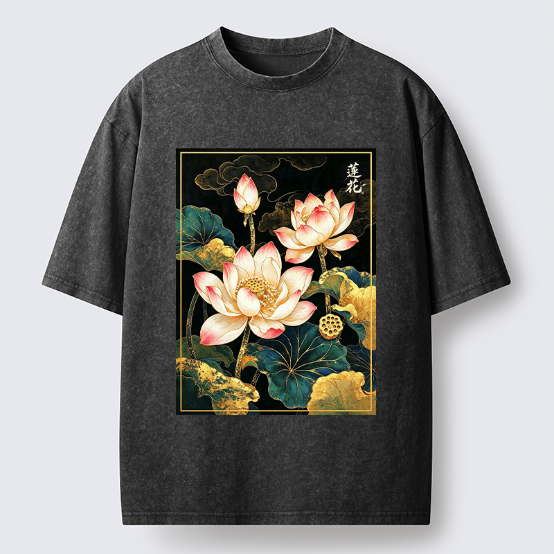 Tokyo-Tiger Oriental Lotus Print Washed T-Shirt