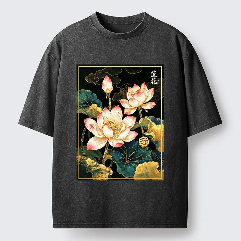 Tokyo-Tiger Oriental Lotus Print Washed T-Shirt