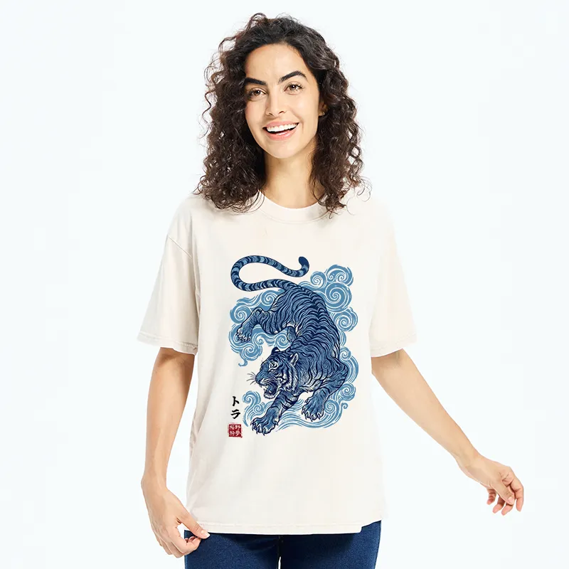 Tokyo-Tiger Japanese Blue Tiger Wave Art Washed T-Shirt