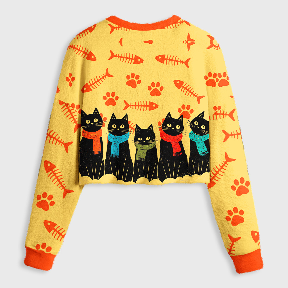 Tokyo-Tiger Cute Scarf Cat Women's Fuzzy Cropped Sweatshirt