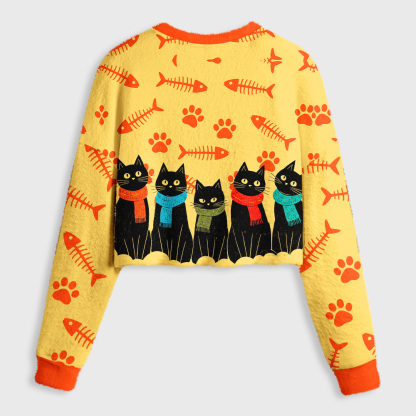 Tokyo-Tiger Cute Scarf Cat Women's Fuzzy Cropped Sweatshirt