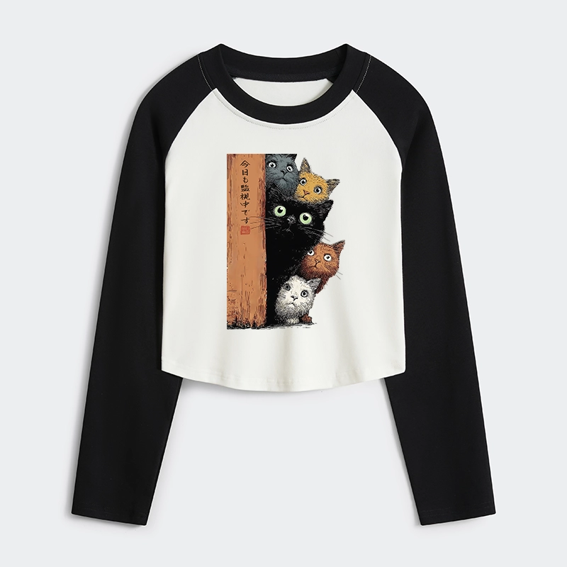 Tokyo-Tiger Five Cats Are Watching You Women's Crop Raglan T-Shirt