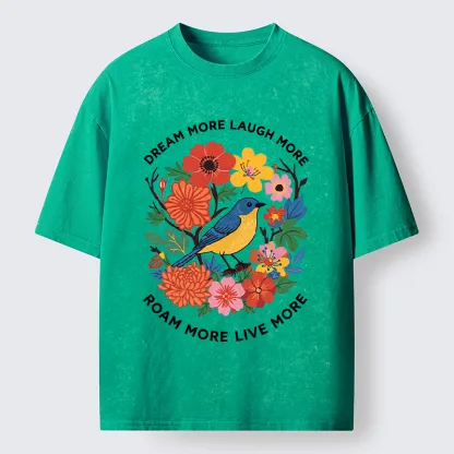 Tokyo-Tiger Vintage Bird Floral Quote Washed T-Shirt