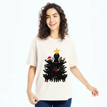Tokyo-Tiger Stacked Black Cat Christmas Tree Washed T-Shirt