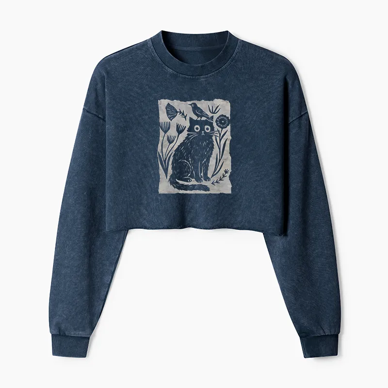 Tokyo-Tiger Folk Paper Cut Cat Bird Floral Art Washed Crop Sweatshirt