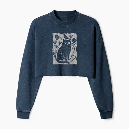 Tokyo-Tiger Folk Paper Cut Cat Bird Floral Art Washed Crop Sweatshirt