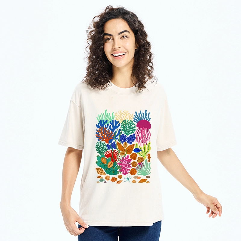 Tokyo-Tiger Bright Sea Garden Full Of Sea Friends Washed T-Shirt