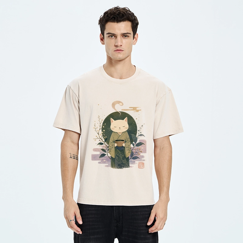 Tokyo-Tiger Soft Green Zen Cat Tea Blossom Stamp Art Washed T-Shirt