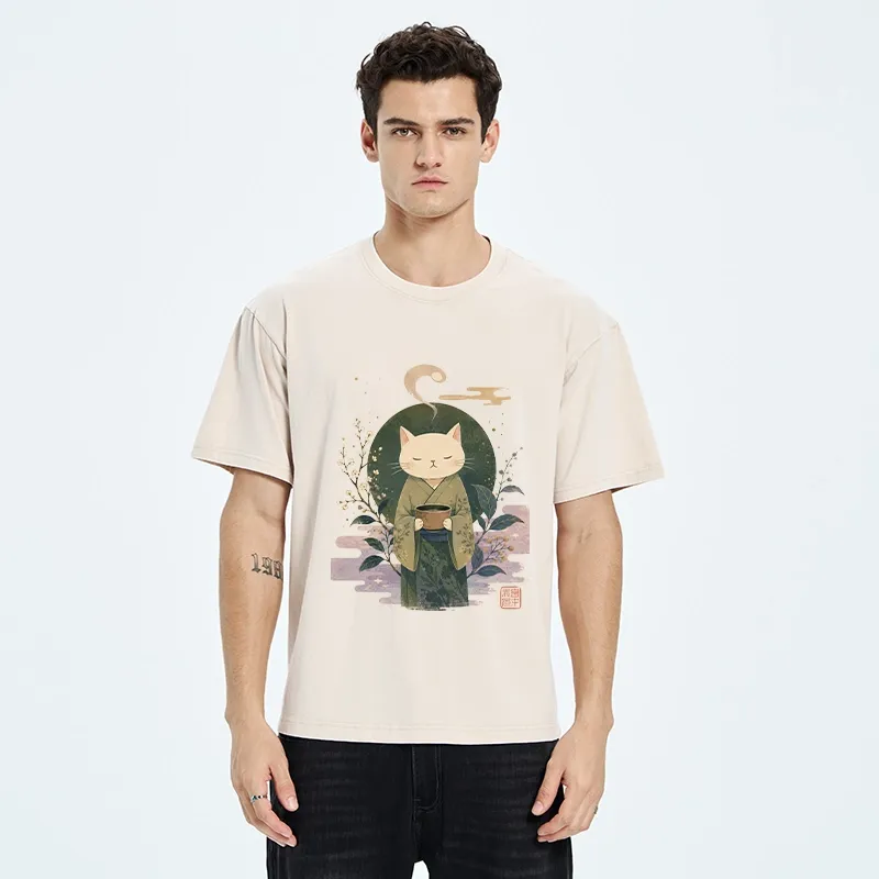 Tokyo-Tiger Soft Green Zen Cat Tea Blossom Stamp Art Washed T-Shirt