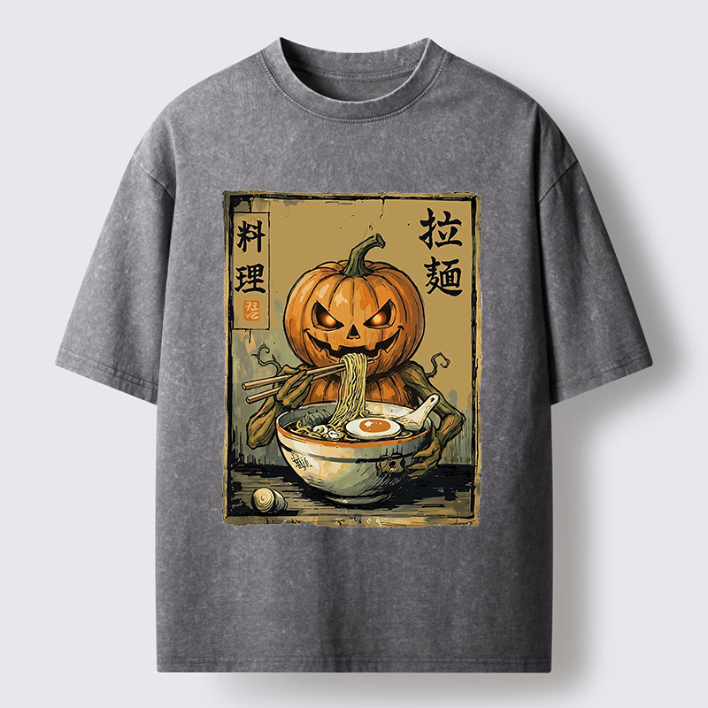 Tokyo‑Tiger Pumpkin Eating Ramen Washed T‑Shirt