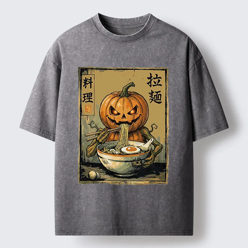 Tokyo‑Tiger Pumpkin Eating Ramen Washed T‑Shirt