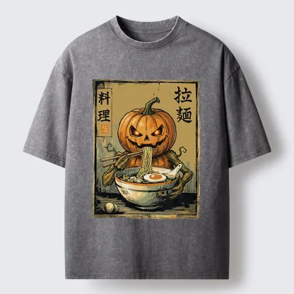Tokyo‑Tiger Pumpkin Eating Ramen Washed T‑Shirt