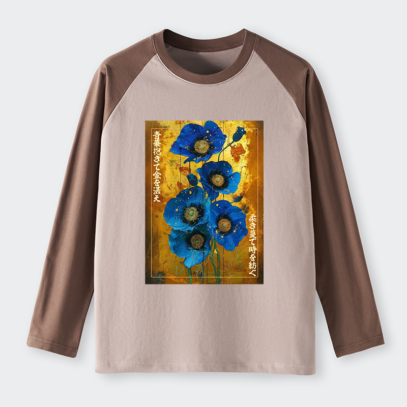 Tokyo-Tiger Shiny Blue Flower Warm Golden Background Raglan Long Sleeve T-shirt