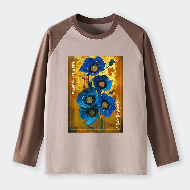 Tokyo-Tiger Shiny Blue Flower Warm Golden Background Raglan Long Sleeve T-shirt