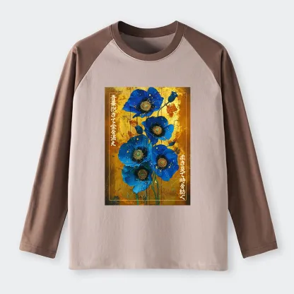 Tokyo-Tiger Shiny Blue Flower Warm Golden Background Raglan Long Sleeve T-shirt