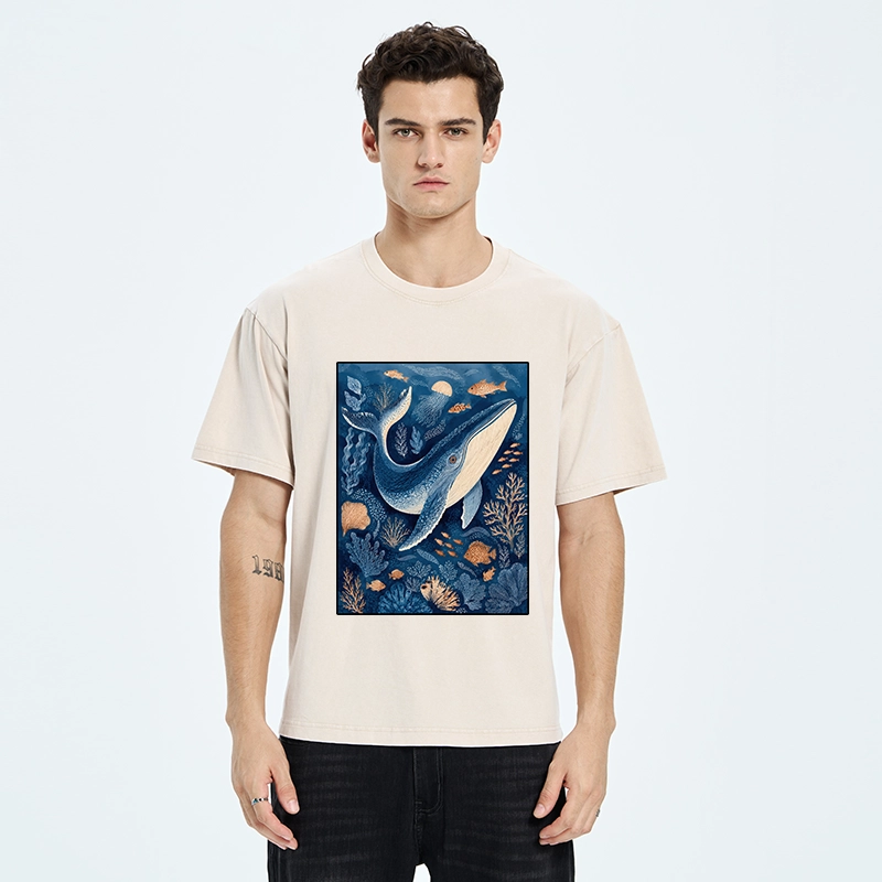 Tokyo-Tiger Blue Whale Under The Sea Washed T-Shirt