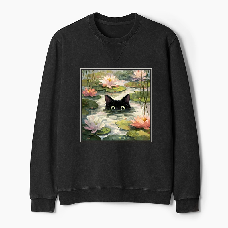 Tokyo-Tiger Black Cat and Lotus Flower Washed Terry Sweatshirt