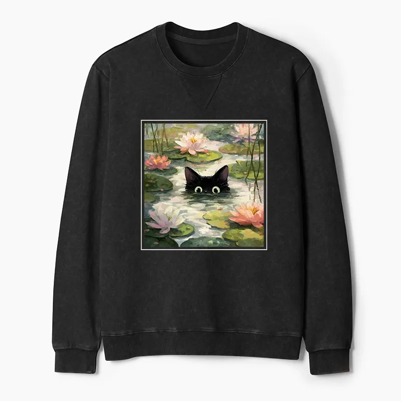 Tokyo-Tiger Black Cat and Lotus Flower Washed Terry Sweatshirt