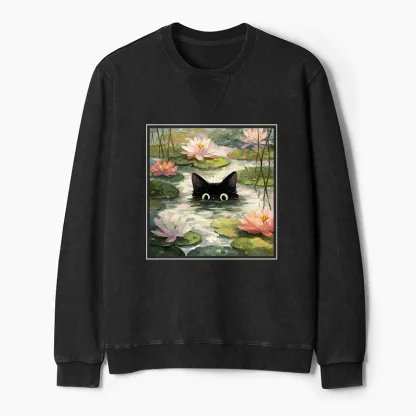Tokyo-Tiger Black Cat and Lotus Flower Washed Terry Sweatshirt