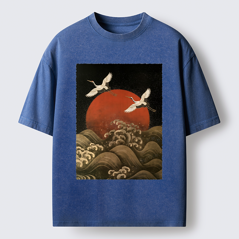 Tokyo-Tiger Japanese Crane Wave Art Washed T-Shirt