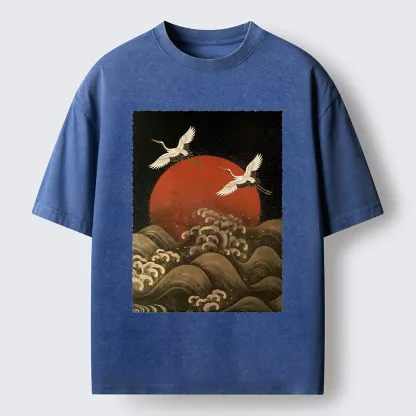 Tokyo-Tiger Japanese Crane Wave Art Washed T-Shirt