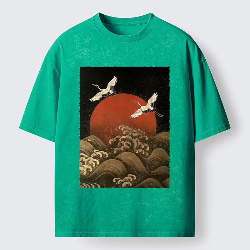 Tokyo-Tiger Japanese Crane Wave Art Washed T-Shirt