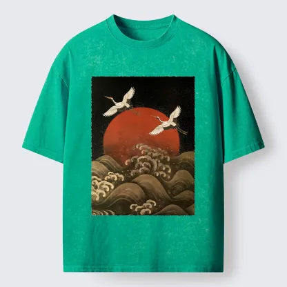 Tokyo-Tiger Japanese Crane Wave Art Washed T-Shirt