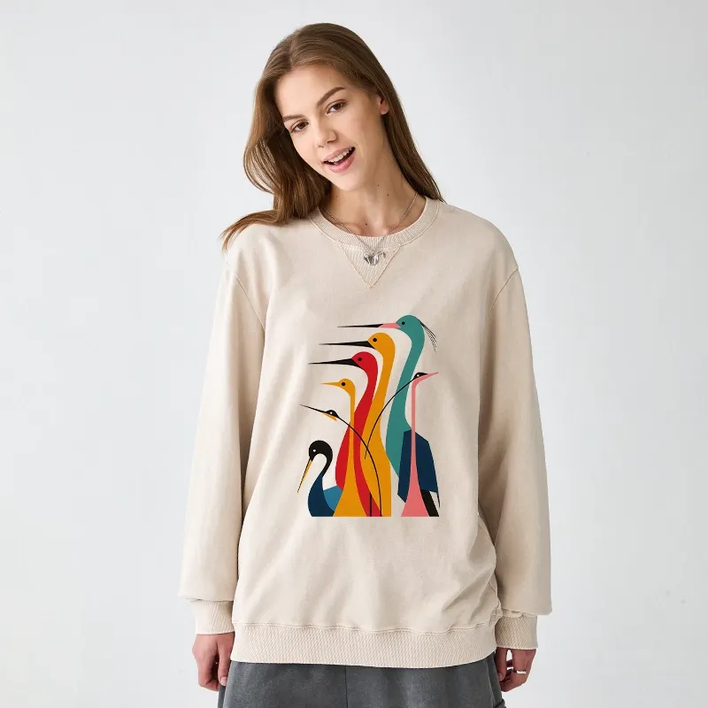 Tokyo-Tiger Various Types Of Cranes Washed Terry Sweatshirt