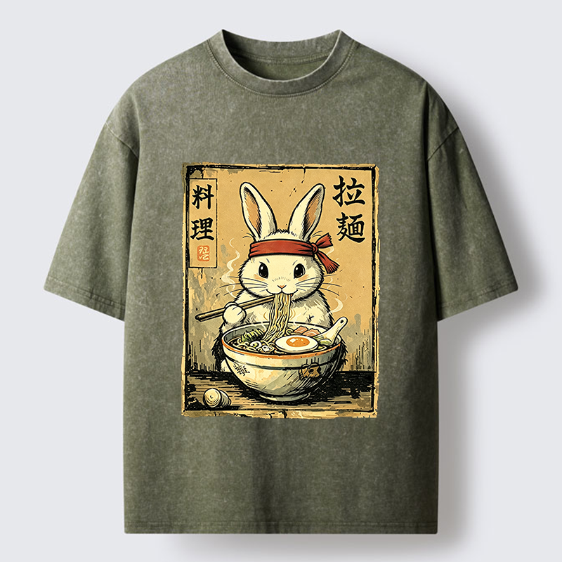 Tokyo-Tiger Cute Rabbit Eating Ramen Washed T-Shirt