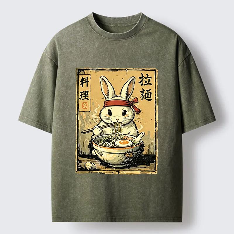 Tokyo-Tiger Cute Rabbit Eating Ramen Washed T-Shirt
