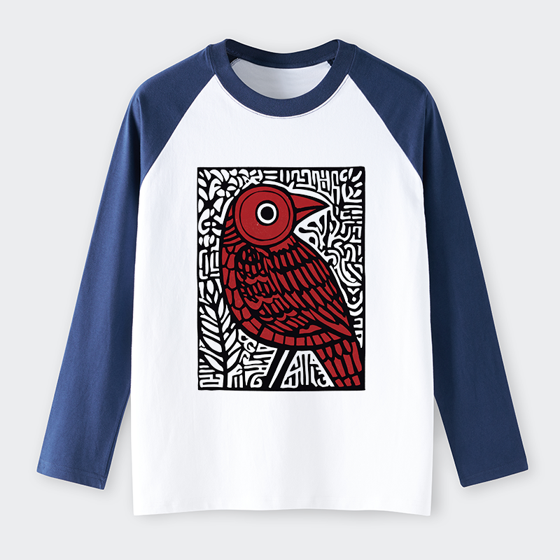 Tokyo-Tiger Retro Woodblock Bird Raglan Long Sleeve T-shirt