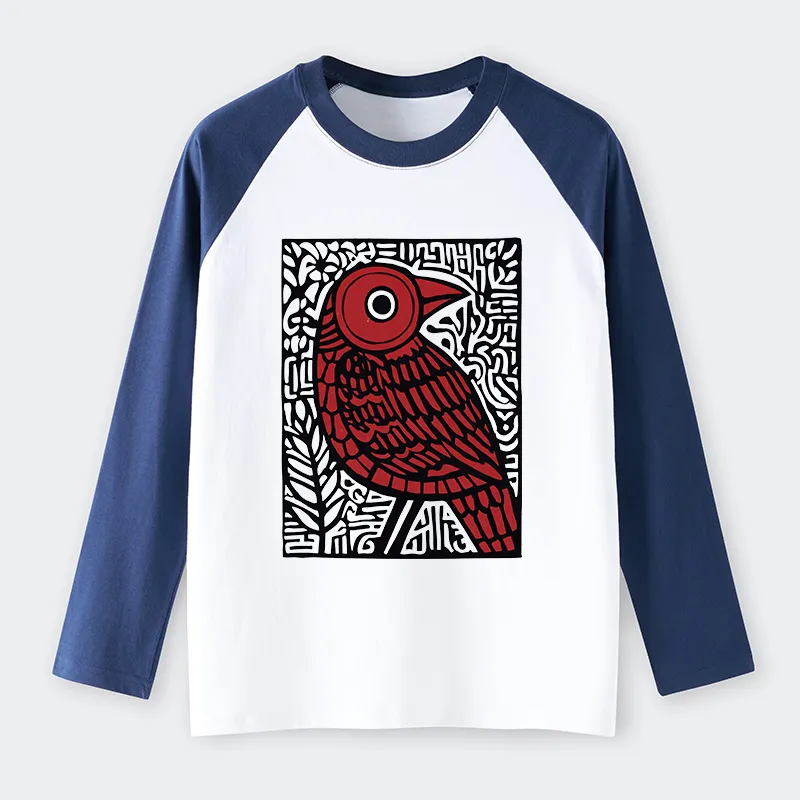Tokyo-Tiger Retro Woodblock Bird Raglan Long Sleeve T-shirt