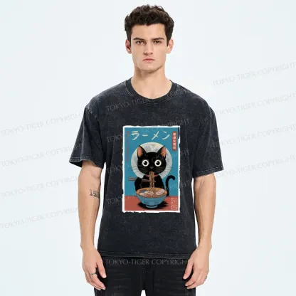 Tokyo-Tiger Black Cat Eating Delicious Ramen Washed T-Shirt