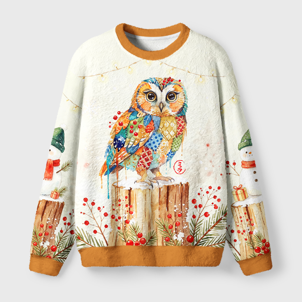 Tokyo-Tiger Winter Glow Owl Fuzzy Christmas Ugly Sweatshirt