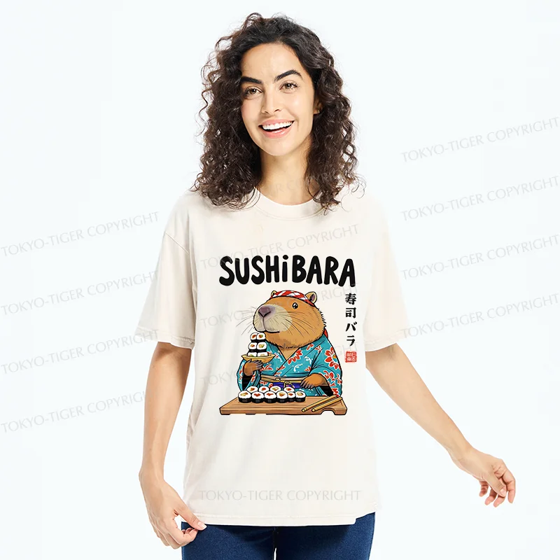 Tokyo-Tiger Capybara Sushi Chef Washed T-Shirt