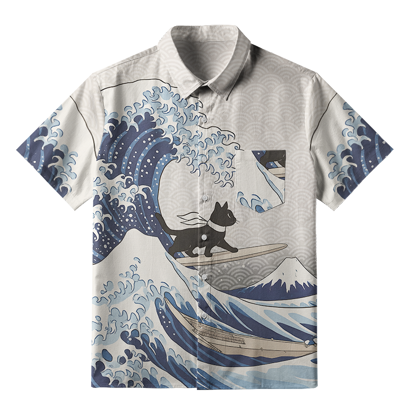 Tokyo-Tiger Black Cat Surfing Button-up Shirt