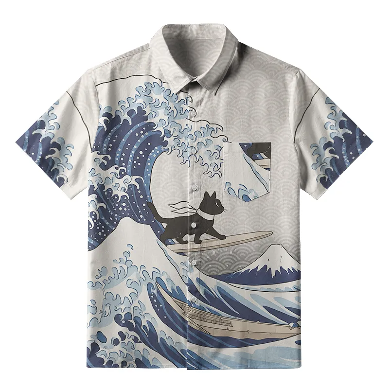 Tokyo-Tiger Black Cat Surfing Button-up Shirt