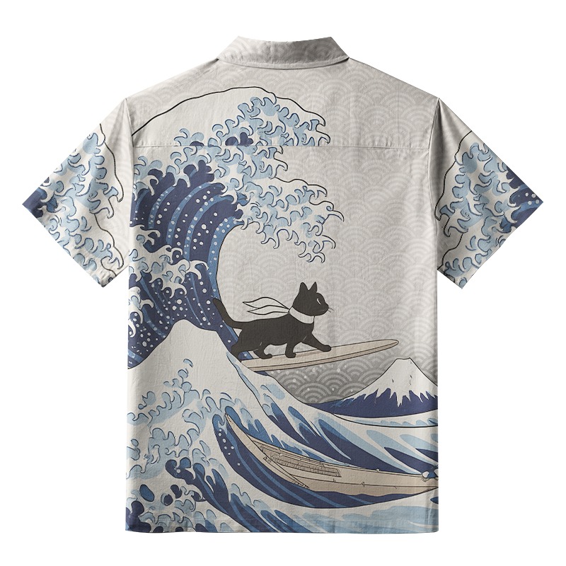 Tokyo-Tiger Black Cat Surfing Button-up Shirt