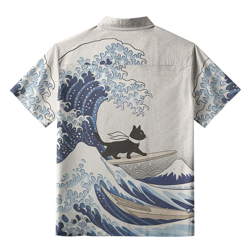 Tokyo-Tiger Black Cat Surfing Button-up Shirt