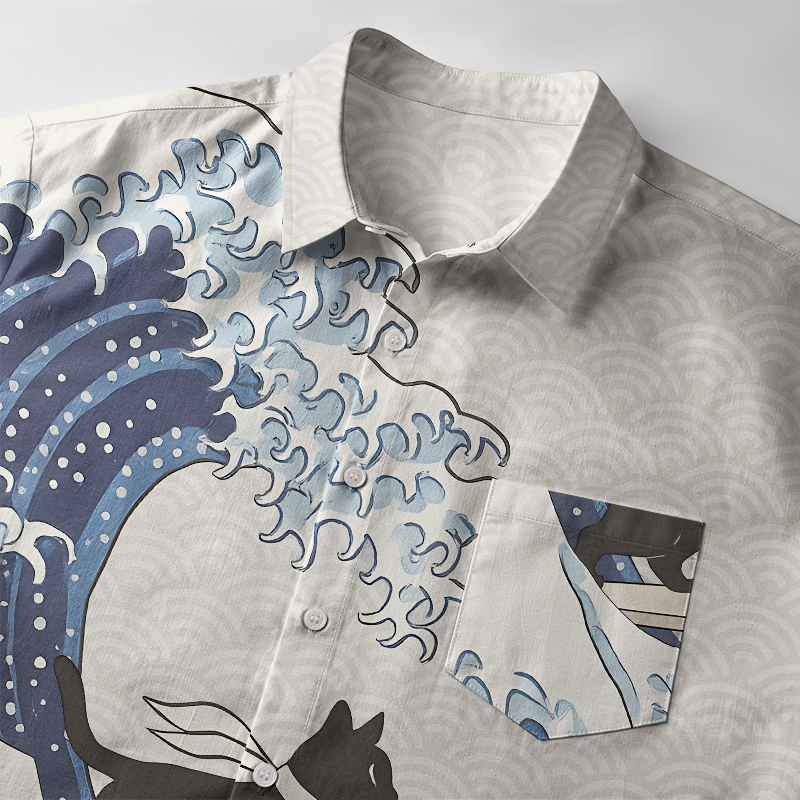 Tokyo-Tiger Black Cat Surfing Button-up Shirt