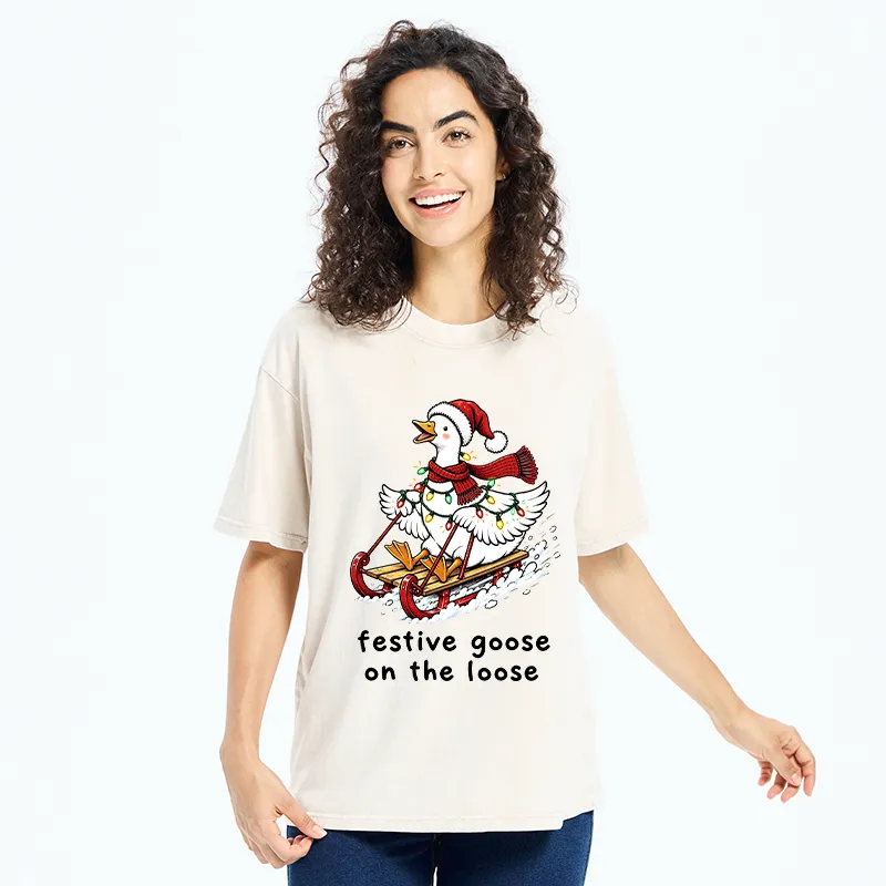 Tokyo-Tiger Funny Christmas Lights Goose Meme Washed T-Shirt