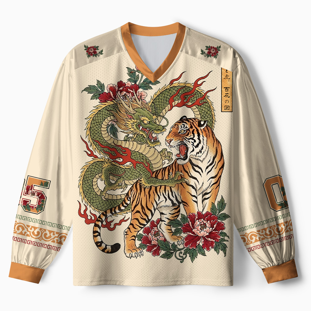 Tokyo-Tiger Dragon Tiger Wealth Peonies Paneled Long Sleeve Jersey